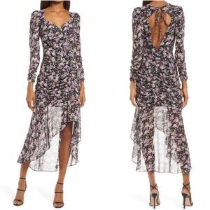 Floret Studios Black Purple Floral Midi Dress Size XS Long Sleeve Ruched Slit
